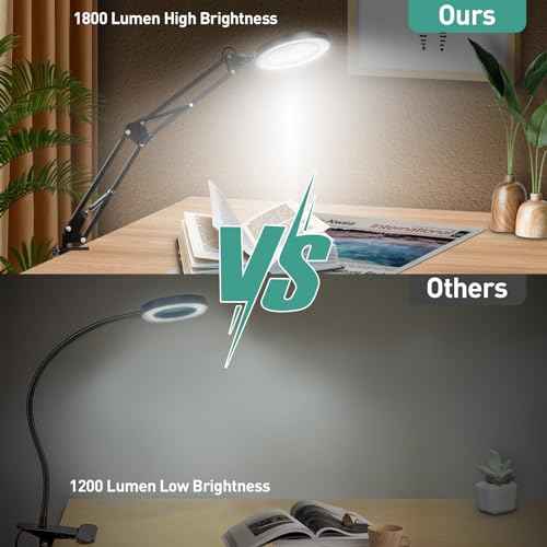 10X Magnifying Glass with Light, 1,800 Lumen 3 Color Stepless Dimming, 4.2 Inch Real Glass Lens LED Lighted Magnifier, Adjustable Swing Arm with Clamp Desk Lamp for Craft Repair Crochet Puzzles