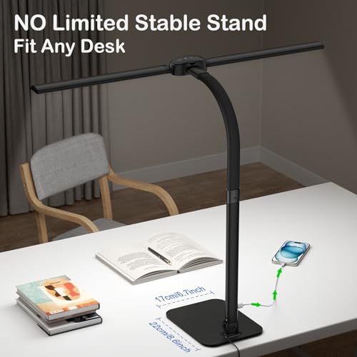 Desk Lamp with USB Charging Port for Home Office 24w Architect Remote Base Dual Task Led Light Modern 5 Color Modes Dimmable Adjustable Gooseneck Double Head Reading Drafting Eye Caring Tall Lamps