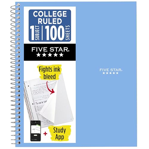Five Star Spiral Notebook Blue 1 Subject College Ruled 8.5 x 11 inch 100 Sheets