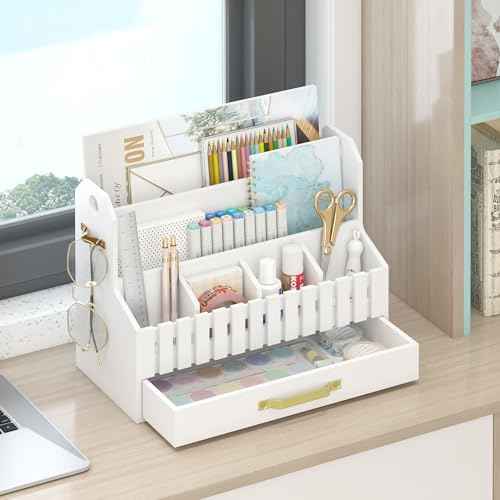 Bamboo Mail Organizer Countertop with Drawers, Wood Desk File Organizer Desktop Paper Organization Storage Bill & Letter Sorter Holder for School Home Office Supplies, No Assembly Required (White)