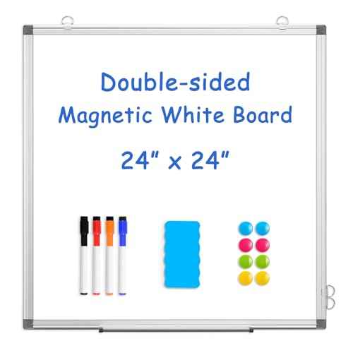 WALGLASS Double-Sided White Board, 24" x 24" Dry Erase Board Magnetic Whiteboard for Wall, Hanging Mounted Whiteboard Silver Aluminium Frame for Home, School, Office, Kitchen