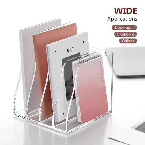 SANRUI Acrylic File Organizer, Compact Desk Organizer for Folders, Binders, Notebooks, Envelopes, Vertical Binder Storage Organizer, 4 Section Bookshelf for School Home Office Organization