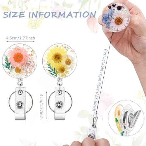 3 Pcs Flower Badge Reel Convenient Badge Reels Retractable with Key Ring Nurse Badge Holder Dried Floral Resin ID Badge Clip for Teacher Nurse Doctor Worker (Round)