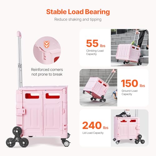 VEVOR Foldable Utility Cart, 65L Collapsible Portable Crate Rolling Cart with Stair Climbing Wheels & 360¡Æ Swivel Wheels, Hand Cart with Telescoping Handle for Shopping Office Moving Teacher, Pink
