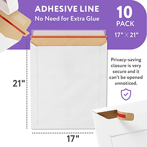 White Kraft Rigid Mailers, 17 x 21 Inches. Pack of 10 Paperboard Envelopes. Sturdy Stay Flat Mailers with Self-Seal Closure. Recyclable Hard Envelopes for Mailing. Stayflat Mailer