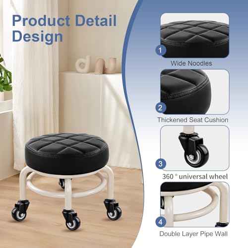 Round Rolling Low Stool- PU Leather Low Stool 360¡Æ More Comfortable Swivel with Thickened Sponge Cushion for Nail Salon, Pedicure, SPA and Home (White Upgrade Edition)