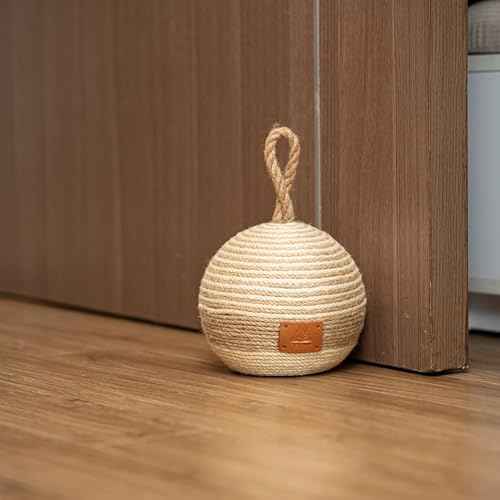 PEMAR Natural Wicker Door Stopper with Handle, Rustic Farmhouse Decorative Door Stop, Heavy Indoor Doorstop, Nautical Blocker Jammer 6.3''D Sphere Ball Shape (Jute)