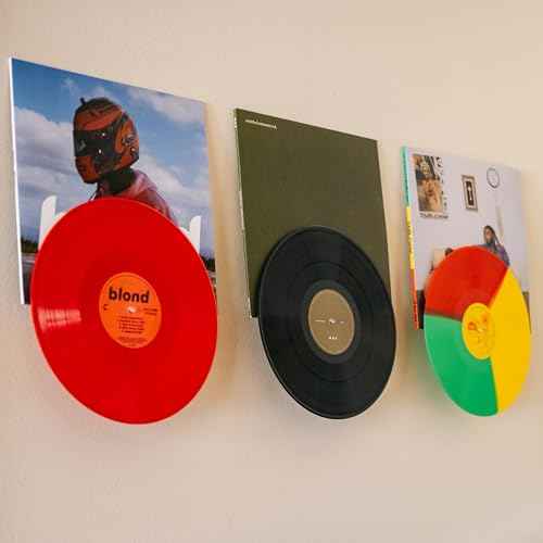 Modern JP Adhesive Vinyl Wall Mount (4-Pack) ? Dual Display Album and Disc, Strong Hold Record Holder Wall, Record-Safe Easy Installation, Album Wall Mount for 1LP and 2LP ? Clear