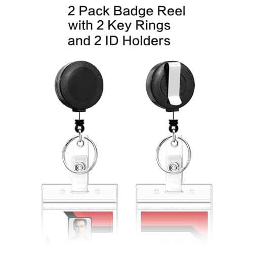 2 Pack Badge Reels Retractable with Key Rings, ID Badge Holder with 2 pcs Waterproof Extra Thick ID Card Holders, Belt Clip (Black)