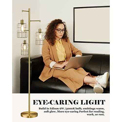 ELYONA Modern Dimmable Floor Lamp for Living Room, Gold Tree Standing Light with 3 Metal Cage Shades, Industrial 71¡± Tall Pole Floor Lamps for Bedroom Reading, Office, LED Edison Bulbs Included