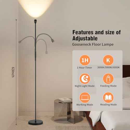 Adjustable Gooseneck LED Beam Floor Lamp, Standing Reading Lamp with Flexible Gooseneck, Dimmable, Timer and Zoomable Spotlight, Black Task Bright Lights with Remote for Living Room Bedroom