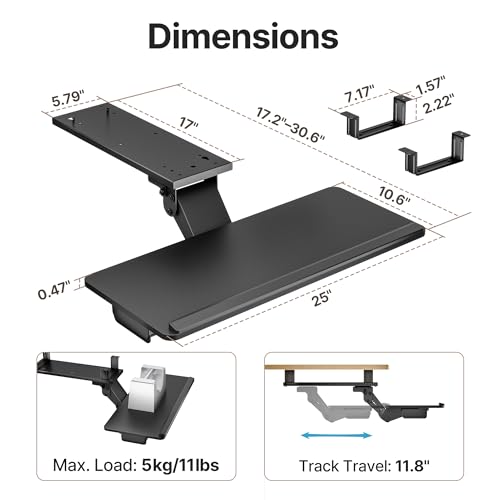 Keyboard Tray Under Desk with Storage Drawer, Height Adjustable Keyboard Tray Slide Out Swivel Tilt, Ergonomic Under Desk Mount Keyboard & Mouse Holder for Gaming Home Office, 25x11'', Black