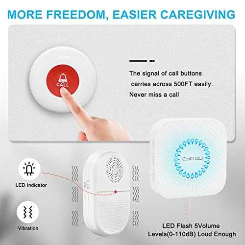 CallToU Wireless Caregiver Pager Waterproof Call Button Vibration Call Button for Elderly at Home Disabled Patient Elderly Monitoring Nurse Calling 2 SOS Call Buttons/Transmitters 500FT 2 Receivers
