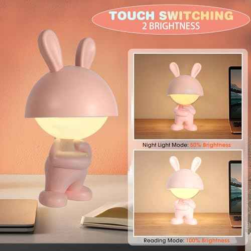 Rechargeable Rabbit Shape LED Dimmable Touch Desk Lamp Reading Night Light Cute Bunny Bedside Lamp (Pink)