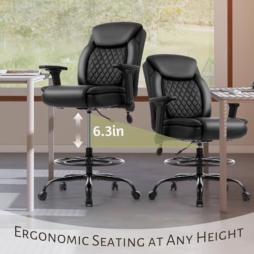 Sofayonn Drafting Chair Black with Flip-Up Armrests, Adjustable Foot Ring & Inflatable Lumbar Support - Tall Executive Task Stool