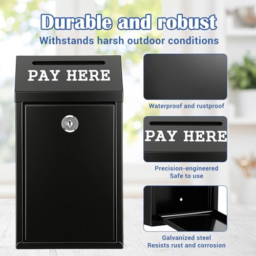 Wall Mount Locking Cash Box for Donations & Security - Black Metal Safe