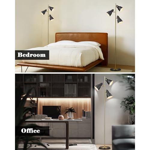 ELYONA Gold Tree Floor Lamp with 3 Adjustable Rotating Lights, Industrial Tall Pole Metal Standing Lights with 3 LED Bulbs for Living Room,Bedroom,Farmhouse,Office,Hotel, Vintage Brushed Brass & Black