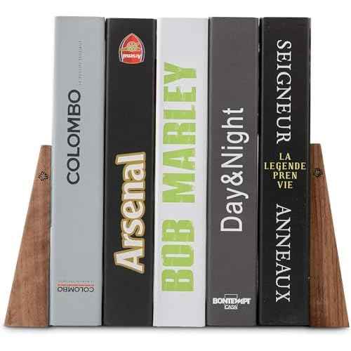 TILISMA Book Ends for Shelves - Handmade Wooden Bookends with Metal Base, Walnut Tree - Sturdy Book Holders for Heavy Books - Fancy Modern Decorative Book Accessories to Hold Books Firmly on Bookshelf