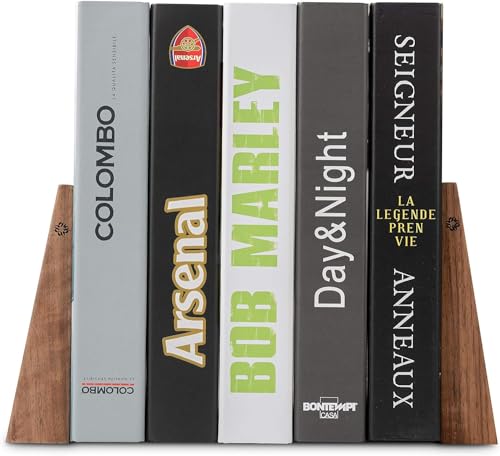 TILISMA Walnut Wooden Book Ends with Metal Base - Handmade Sturdy Book Holders