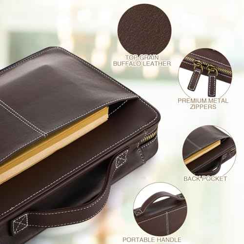 Top Grain Leather Bible Cover for Men Women Buffalo Genuine Leather Bible Case Book Holder Bag with Zipper Handle Back Pocket Bookmark Father's Day Religious Gift(Dark Brown,Medium,Classic)