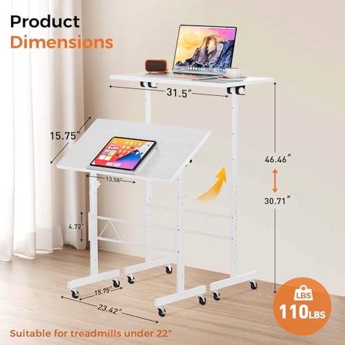 GTRACING Standing Desk Adjustable Height & Tiltable Tabletop, 32 Inch Portable Desk for Home Office Stand Up Work and Walking Pad Treadmill, Small Mobile Computer Table for Laptop, White