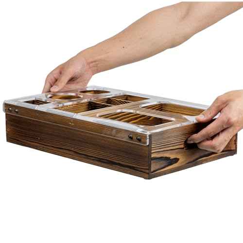 MyGift Couch Caddy Rustic Burnt Solid Wood and Premium Clear Acrylic TV Snack Tray with 2 Stainless Steel Snack Bowls, Dual Cutout Anti-Spill Drink Holders, Remote Control and Cell Phone Slots