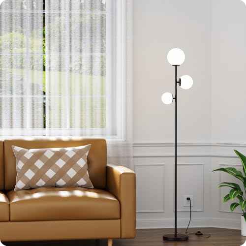 Floor lamp with 3 Frosted Glass Shades,Stangding Lamp Floor Lamps for Living Room Bedroom Office with 3 led Bulbs,Tall lamp with Foot Switch (Black)