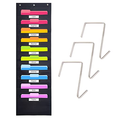 Black Pocket Chart for Classroom - 10 Pockets with 3 Over Door Hangers, Wall Organizer