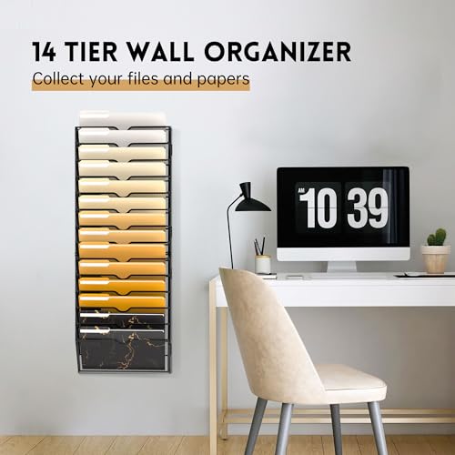 SUPEASY 14-Tier Wall File Holder Organizer Hanging Wall Files for Papers, Folders, Magazines, Assembly Needed, Wall Organizer for Clipboard, Black