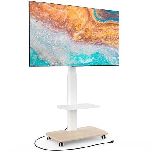 FITUEYES Rolling TV Stand with Power Outlets for 32-75 inch TVs, White (With Outlet) - Mobile TV Cart