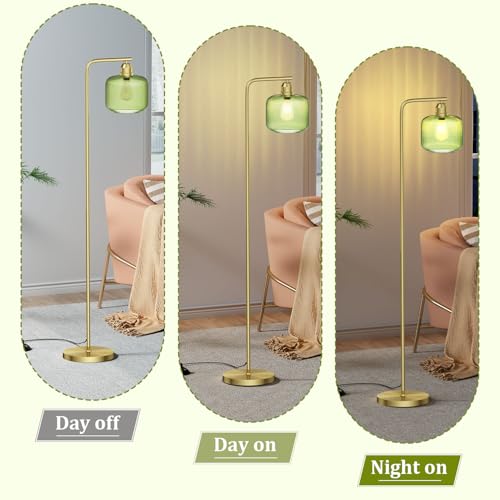 Glass Floor Lamp for Living Room, Modern Standing Lamp with Green Ribbed Glass Lampshade and Pedal Switch, 66¡± Tall Lamp & Gold Floor Lamp for Bedroom Study Room,Brushed Gold(3000K LED Bulb Included)