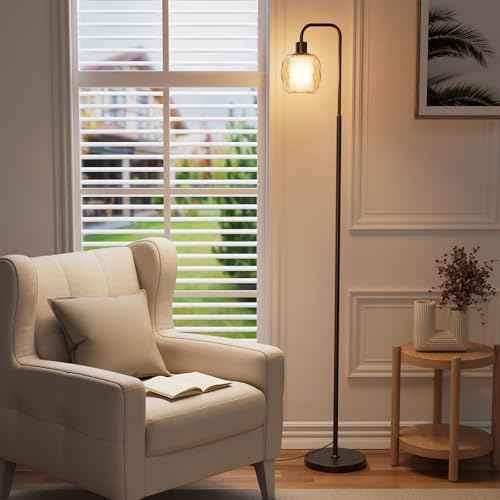 Glass Floor Lamps for Living Room, Modern Standing Lamp with Ceramic & Champagne Gold Ribbed Glass Lampshade, Pedal Switch, 65" Black Industrial Floor Lamp for Bedroom Study Room (with LED Bulb)