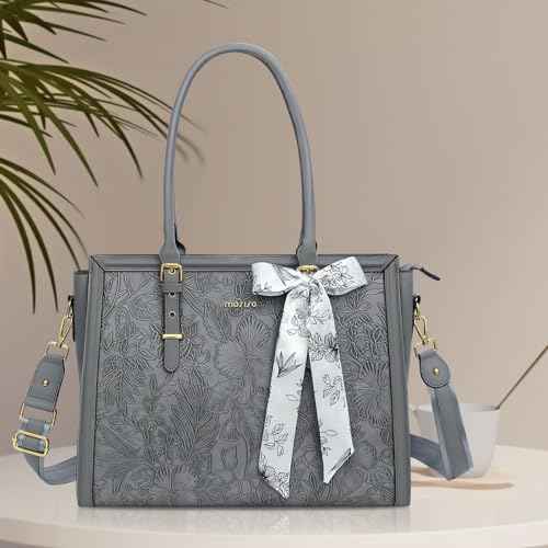 MOSISO Laptop Bag for Women, PU Leather Tote Bag, Front Embossed Retro Hibiscus Computer Bags with Silk Scarf&Clutch Purse