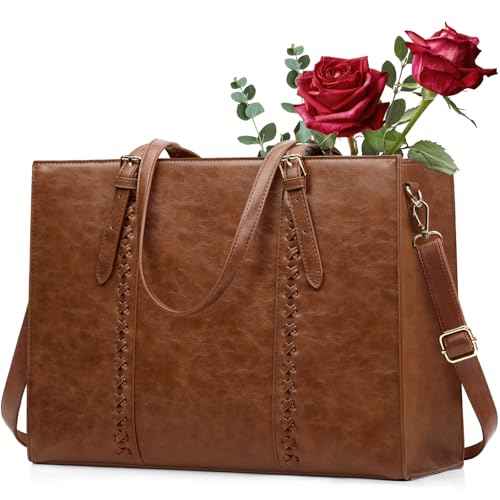 RAINSMORE Laptop Bag for Women, 15.6 inch Laptop Tote Bag PU Leather Computer Work Bag Lightweight Shoulder Handbags, Brown