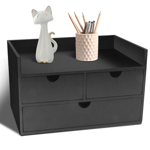 Bamboo Desk Organizer 3 Drawer with Shelf, Countertop Organizer with Drawers Makeup Storage Drawer 3 Drawers Tabletop Storage Organization Box Home Office Workspace£¨Black£©
