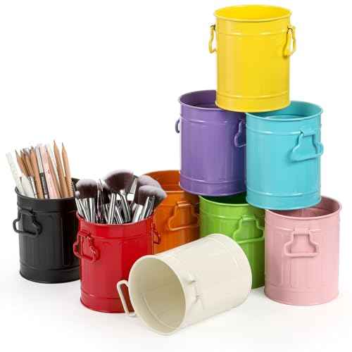 9 Pack Metal Pen Holder, Mini Pencil Bucket with Handle, Desktop Pencil Cup Makeup Brush Organizer, Desk Colorful Small Pails, Stationary Supplies Container for Office Classroom School Crafts