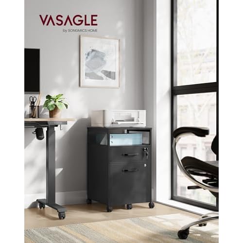 VASAGLE File Cabinet, Mobile Filing Cabinet with Wheels, 2 Lockable Drawers, Open Shelf, for A4, Letter Size, Hanging File Folders, Ink Black UOFC077B16