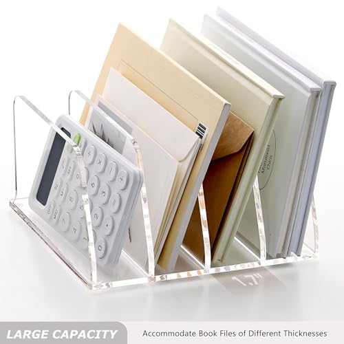 SANRUI Acrylic Desk File Sorter Organizer Holder, 4-Section Clear Vertical Letter File Folder Rack, Notebook Magazine Desktop Binder Mails Storage Bookshelf Upright Divider for Home Office School