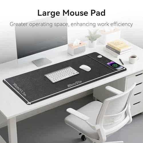 Wireless Charging Mouse Pad, 31.5"x11.7" XXL Large Office Desk Pad with Ultra-Smooth Surface,Non-Slip Base, Classic Black Waterproof Computer Desk Mat for MacBook, PC, Laptop