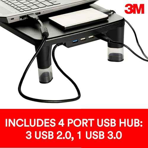 3M Adjustable Monitor Stand with 4-Port USB Hub, Black, Great for Computer Monitors, Laptops, TVs, Speakers, Printers and More