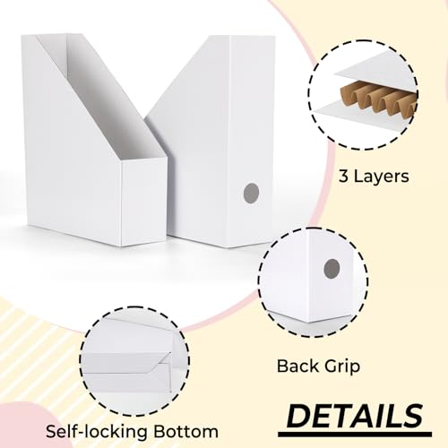 EXYGLO 12 Pack White Magazine File Holder, Foldable Cardboard Magazine Rack 9.9x3.3x12 Inches (With 12 Labels) – Office & Desk Organizer