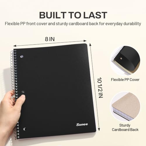 SUNEE Black Spiral Notebook 1-Subject, 8x10.5 inches, Water-Resistant Cover