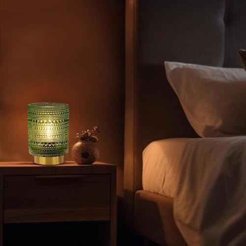 Battery Operated Lamp with Timer, Cordless Table Lamps for Room Decor,Small Table Lamp with LED Bulb, Glass Lamps Beside Table Light for Living Room,Bedroom (Green)