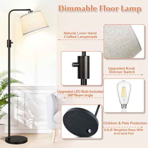¡¼Upgraded¡½ Dimmable Floor Lamp, 1000 Lumens LED Edison Bulb Included, Arc Floor Lamps for Living Room Modern Standing Lamp with Linen Shade, Tall Lamp for Bedroom Office Dining Room- Black
