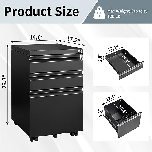 Approgreent 3-Drawer Mobile File Cabinet with Lock - Black, Under Desk Home Office Storage (Variation 02-a)