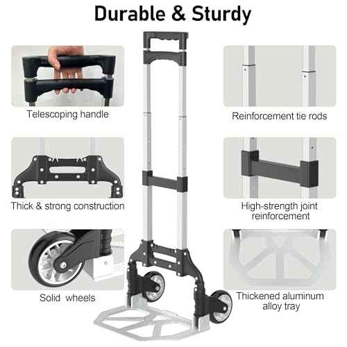 Folding Hand Truck - Aluminum Portable Dolly Cart with Telescopic Handle, Bungee Cord - Compact Lightweight Foldable Luggage Cart for Moving, Home, Auto, 180lbs, Black