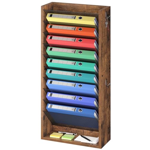Hanging Wall File Organizer, 11 Tier Wood Wall File Holder with 4 Hooks, Mail Organizer Wall Mounted with Bottom Flat Tray, Vertical Paper Desk Storage for Office, Home, Rustic Brown