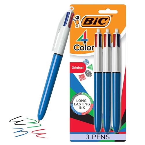 BIC 4-Color Retractable Ballpoint Pen Pack of 3 - Black, Blue, Red, Green Ink