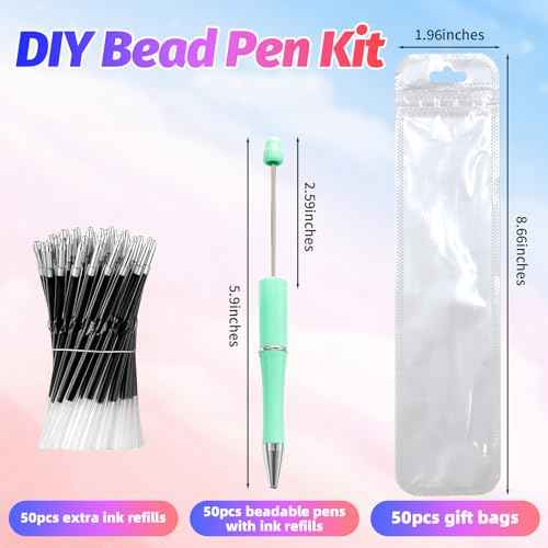 150 Pieces DIY Beadable Pens Kit - 50 plastic Beadable Pens Bulk, Refills & pen bags Included - Beaded Pens Black Ink Ballpoint Cute Pens£¨Bright£©