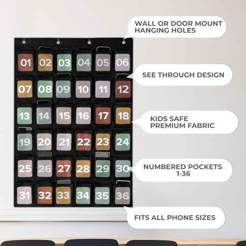 Premium Cell Phone Holder for Classroom - Durable Pocket Chart with 36 Numbered Slots & Hooks - The Perfect Hanging Chart for Phones, Calculators and Headphones Fits Nicely with Any School Decor
